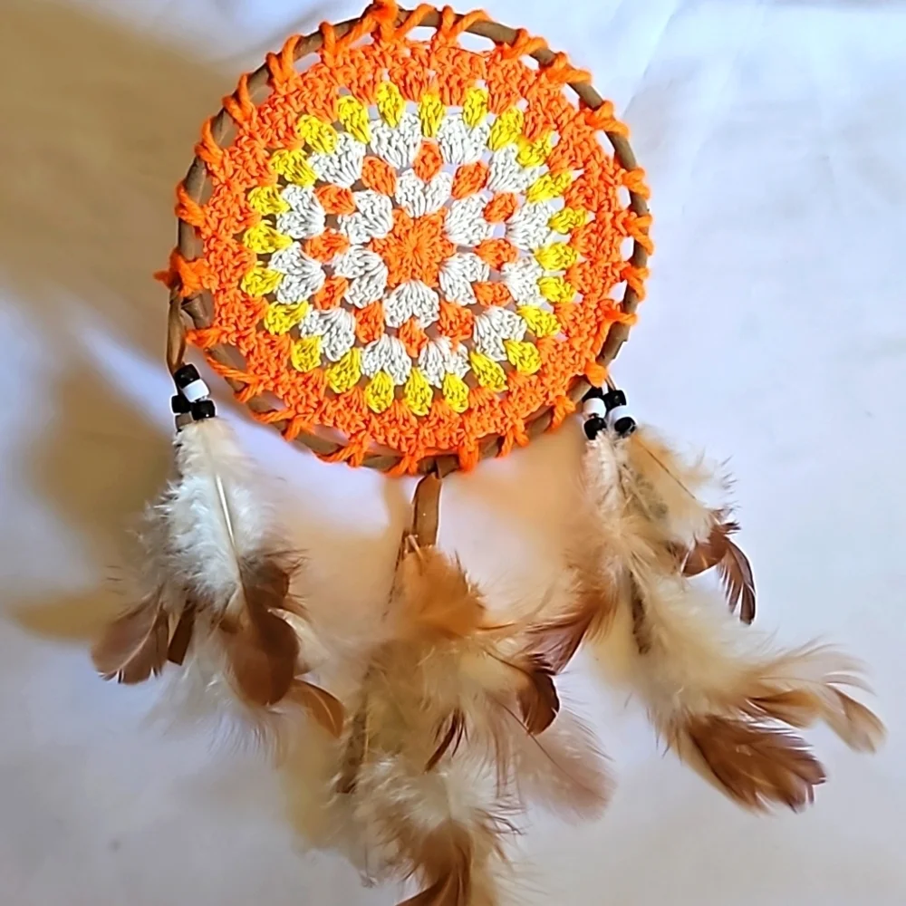 Hand Crafted Dreamcatcher Crochet orange handmade knit floral fall decor